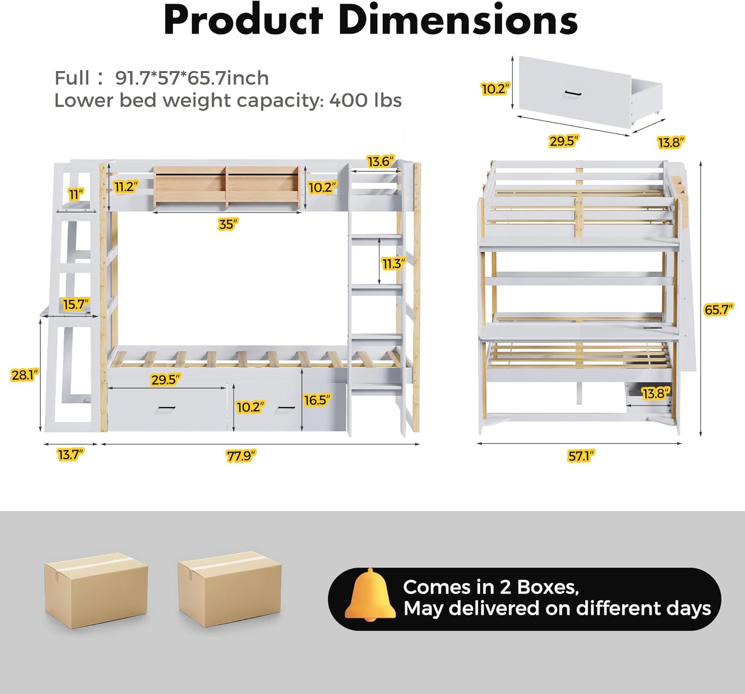 Product dimensions and packaging details for the Kikihouse bunk bed