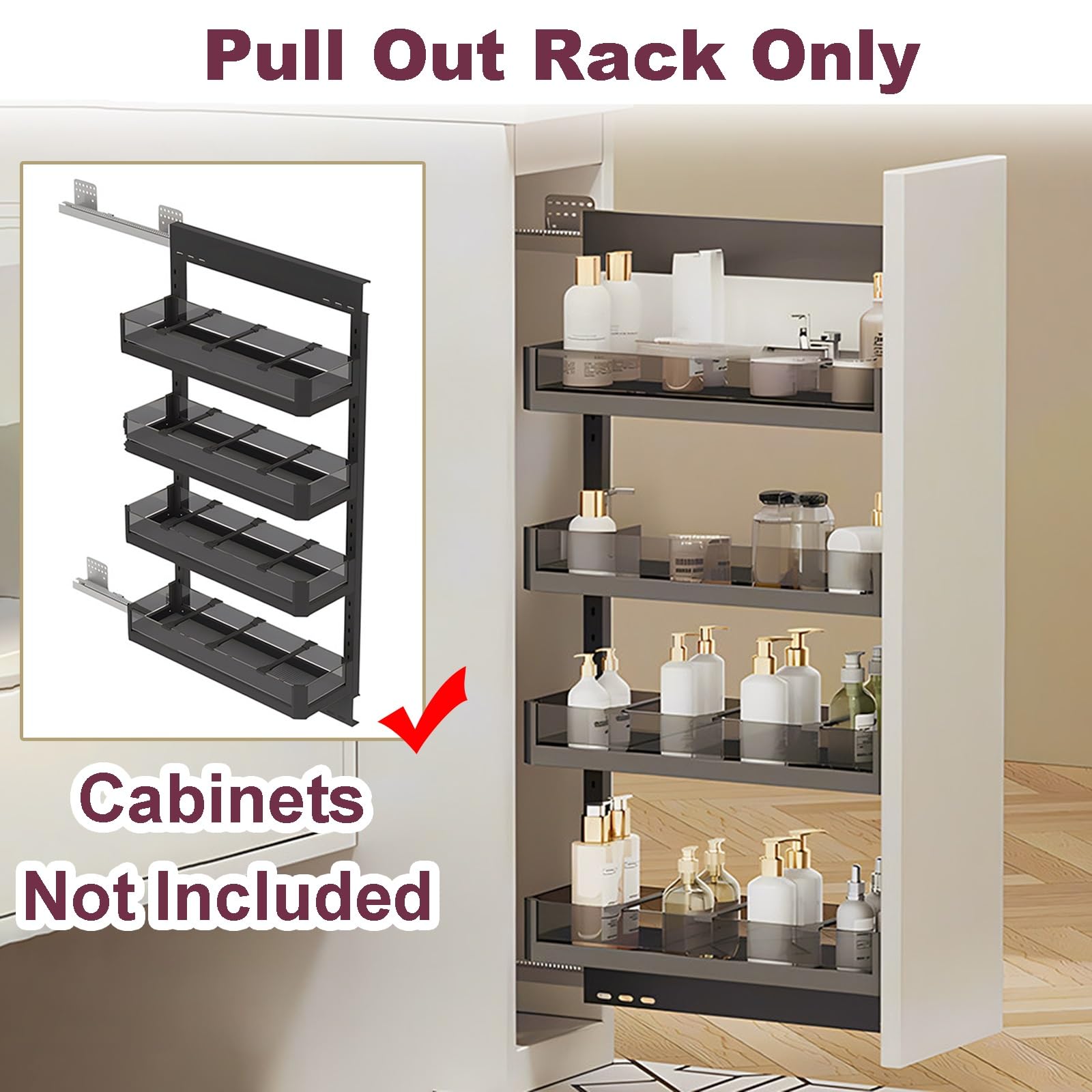 Scaffale sottile da cucina estraibile per armadi, soluzione di archiviazione scorrevole per bagno e comodino, mensola a 4 ripiani (25 x 47 x 88 cm)