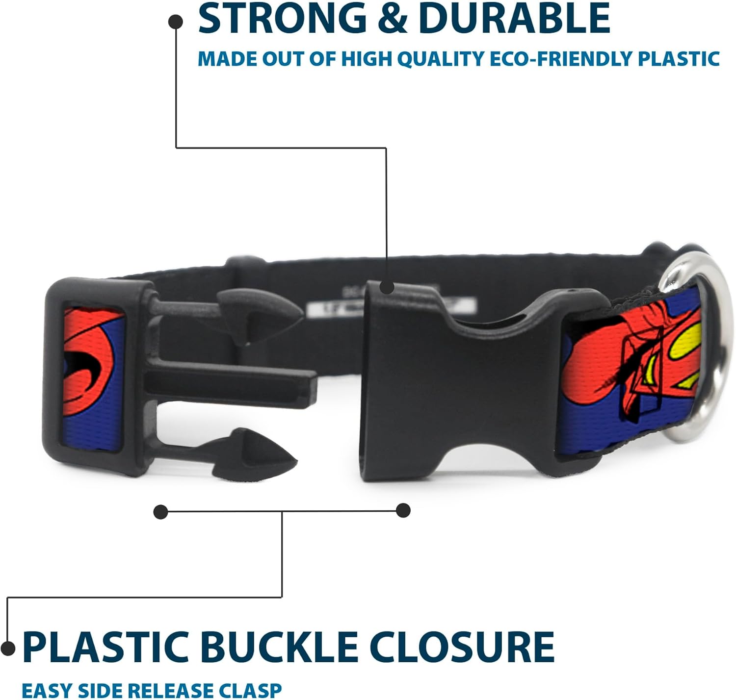 Buckle-Down Plastic Clip Collar - Superman Shield w/Cape - 1.5" Wide - Fits 13-18" Neck - Small