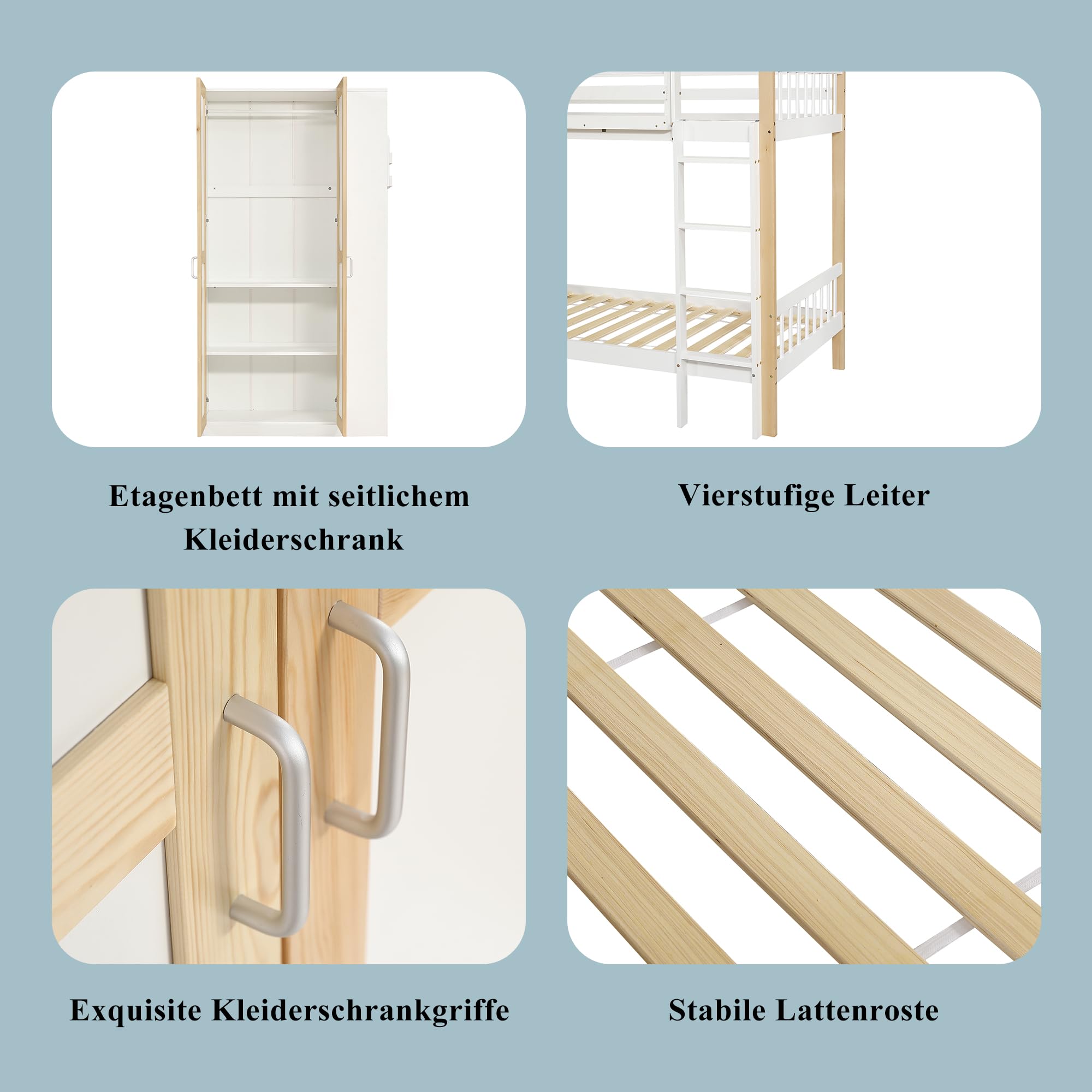Idemon Letto a castello, Lettino per bambini con protezione laterale e griglia, con scala a 4 livelli, 6 ripiani aperti, armadio laterale, ampio spazio di archiviazione, pino+PB, bianco+naturale