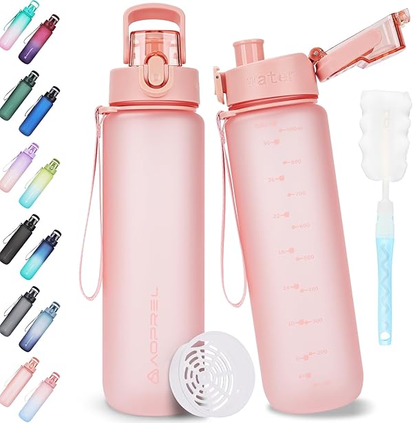 AOPREL Trinkflasche 1l, Trinkflasche Sport Tritan & BPA-Frei Wasserflasche Mit Filter und Bürste, Auslaufsicher Sportflasche Für Fitness, Wandern, Camping, Schule und Büro