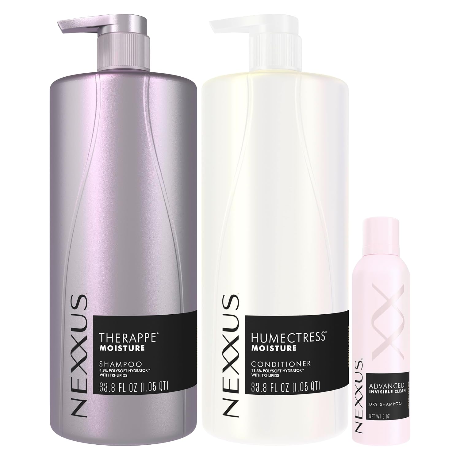 Nexxus Shampoo & Conditioner Therappe Humectress 2 ct for Dry Hair 33.8 oz & Advanced Invisible Clean Dry Shampoo for Instant Oil Control 5 oz