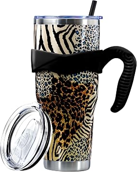 Sunmdecor Leopard Print Tumbler with Handle and Silicone Straws - 40 Oz Cheetah Insulated Tumbler - Leopard Cup Gift for Women