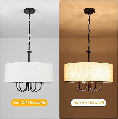 Miniatura 6 de Candelabro de tambor de 5 luces de 19 pulgadas para comedor, moderno, negro, estilo granja, lámpara de lino blanco, lámpara colgante para sala