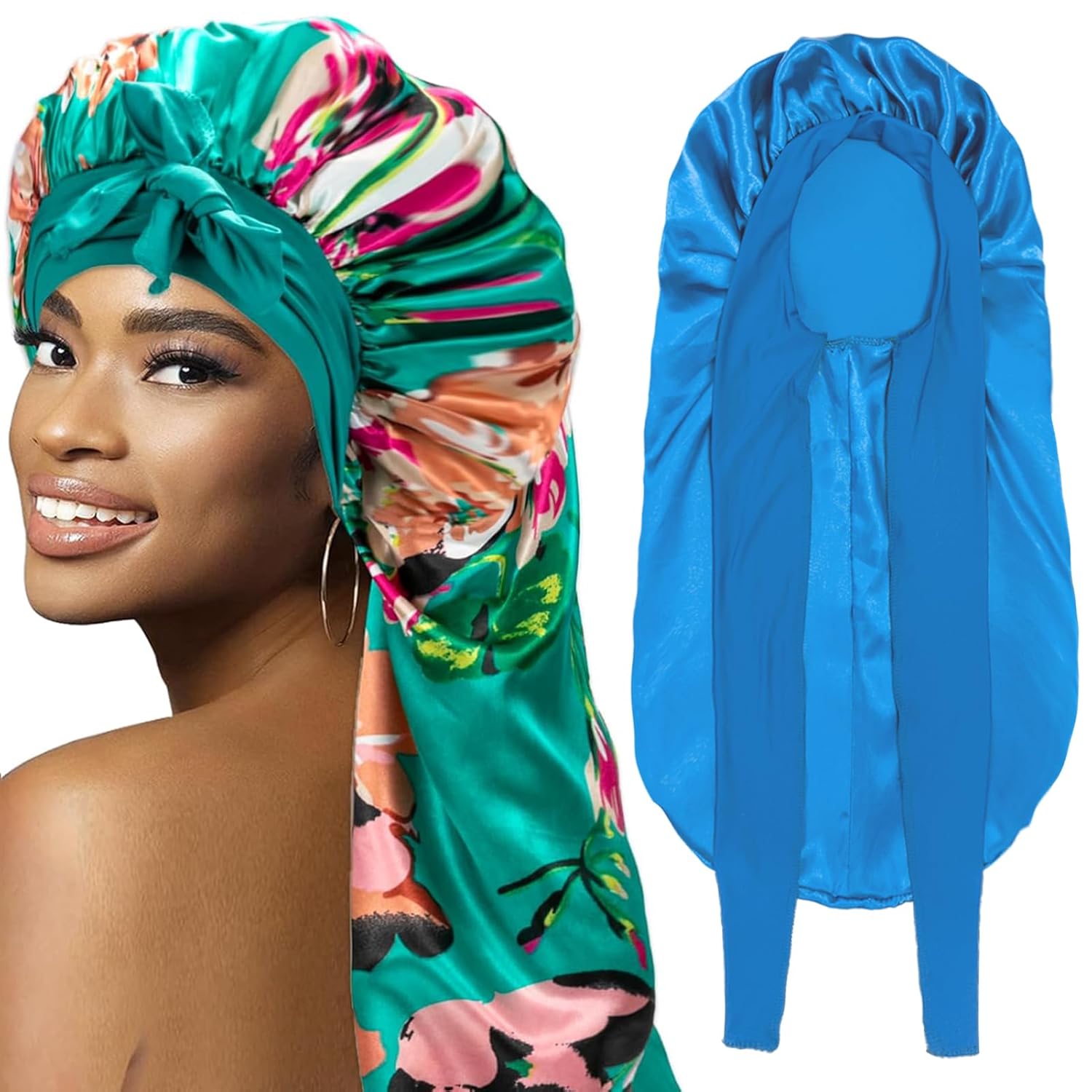 2Pcs Bonnets for Black Women Braid Bonnet, Large Long Bonnet Satin Bonnet for Braids,Black Women Silk Bonnet with Stretchy Tie Band Braid Bonnet for Sleeping Extra Long (Blue&Printing Flower) Purple (2pcs-blue & Printing Flower) Thumbnail