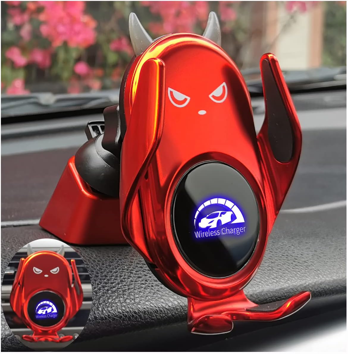 Wireless Car Charger Mount, Auto Clamping,Build-in Battery, Vent Dashboard, Red Cute Demon for Women for iPhone 14/14pro/13/13Pro/12/12Pro/SE/11/X/9, Samsung S22/S21/S20/10/9Note20/10/9 …