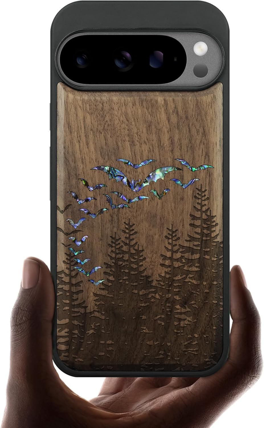 Carveit Magnetic Wooden Case for Google Pixel 10 Pro XL Case, Wood Artisan Engraved & Handmade Shell Inlaid, Compatible with MagSafe Wireless Chargers, Bats Over The Forest - Walnut