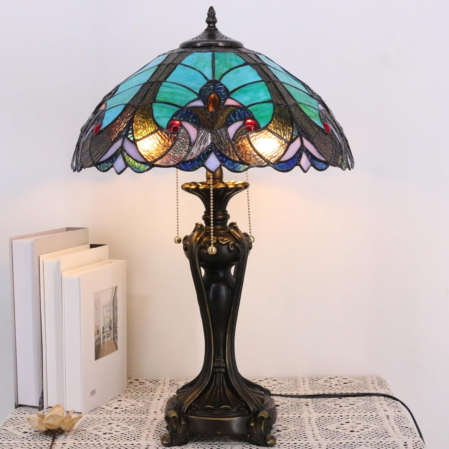 Large Tiffany Lamp Shade Replacement Only 16Inch Stained Glass Lampshade Fit For Table Lamps FLoor Lamp Ceiling Fixture Pendant Hanging Light Home Office Decoration (Blue)