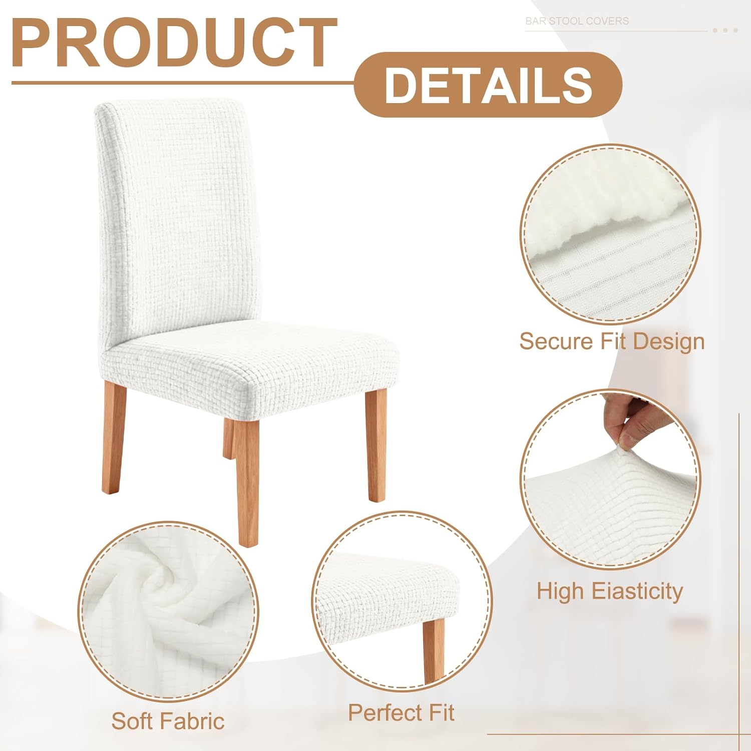 uxcell 4 Pcs Bar Stool Covers, Stretch Counter Stool Chair Covers with Backs for 14-19 Inch Kitchen Chair Dining Room, Plaid Jacquard Barstool Slipcovers with Elastic Band, White