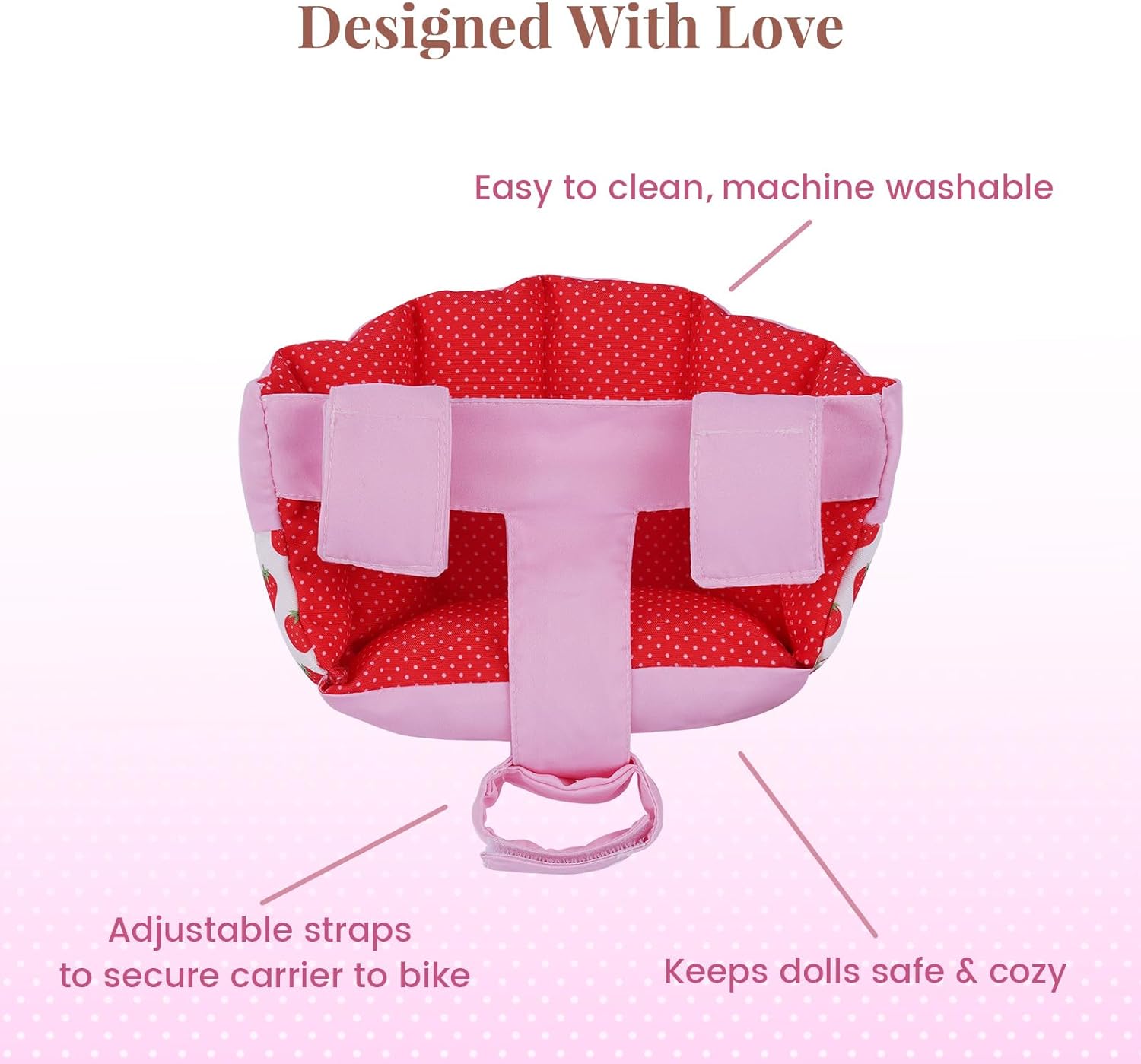 BABESIDE Doll Bike Seat for 12 Inch Dolls, Strawberry Doll Carrier for Kids Bike and Scooter, Baby Doll Accessories for Outdoor Play, Doll Car Seat Gift for Girls Age 3+