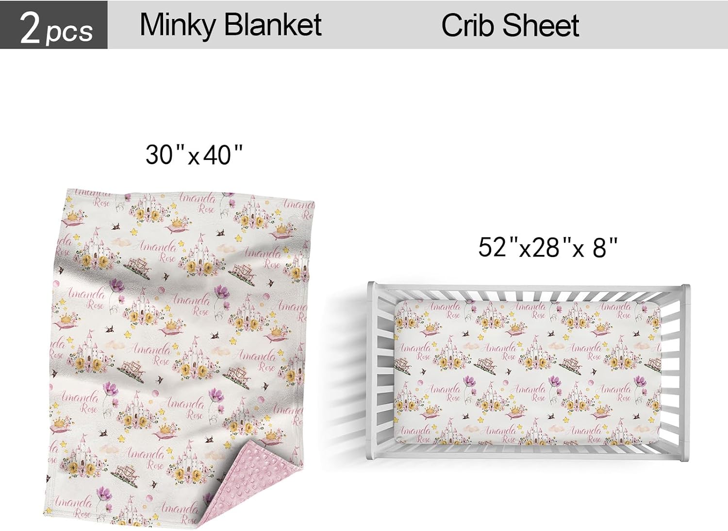 Personalized Princess Floral Baby Nursery Bedding Set, 2 Piece Set with Name Crib Comforter and Fitted Sheets