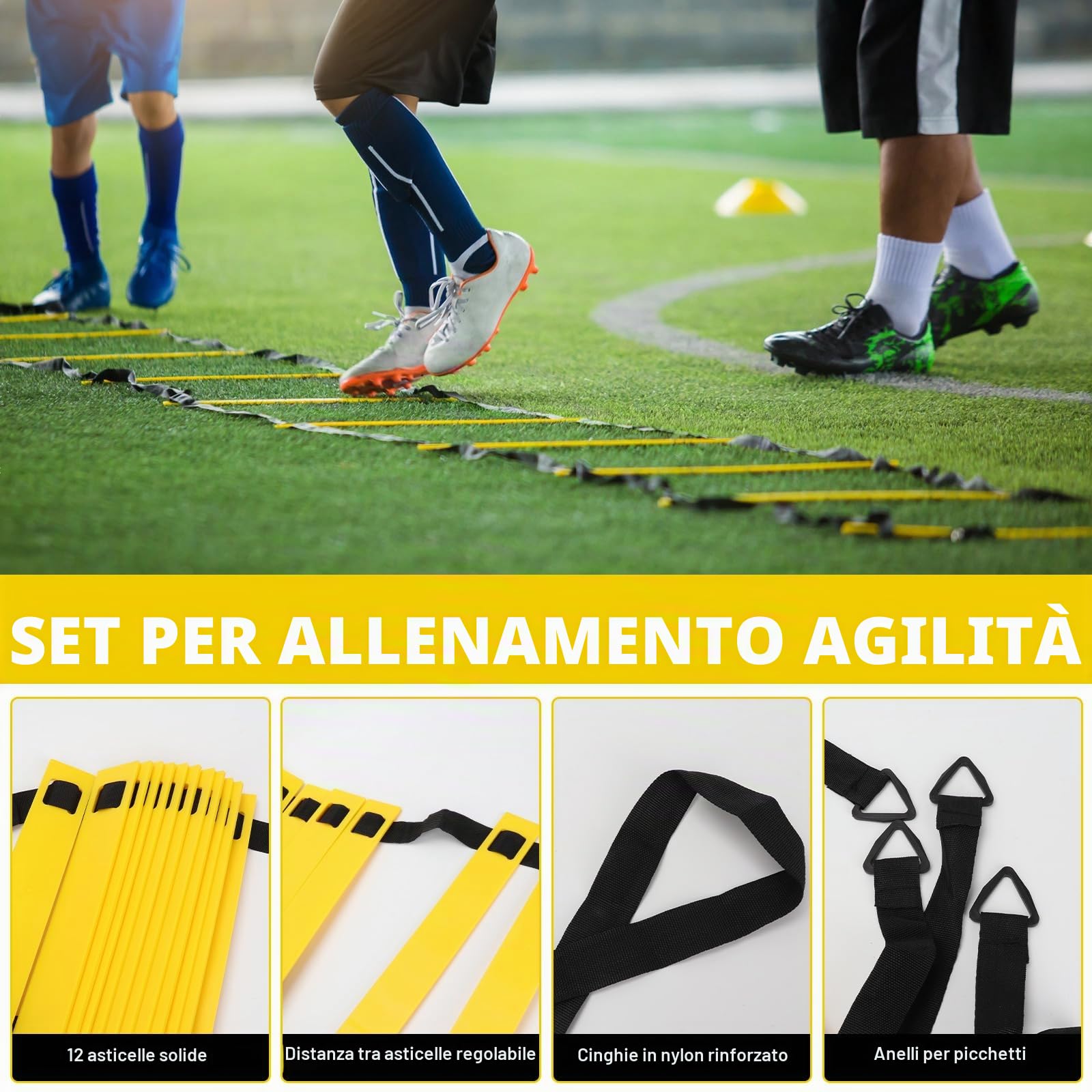 LangRay Set di Allenamento Calcio, Accessori per Allenamento Calcio con Scala di Coordinamento 6m, 12 Cinesini Calcio, 1 Corda da Salto, 1 Allenatore, 5 Fasce di Resistenza, Regali Calcio per Ragazzi