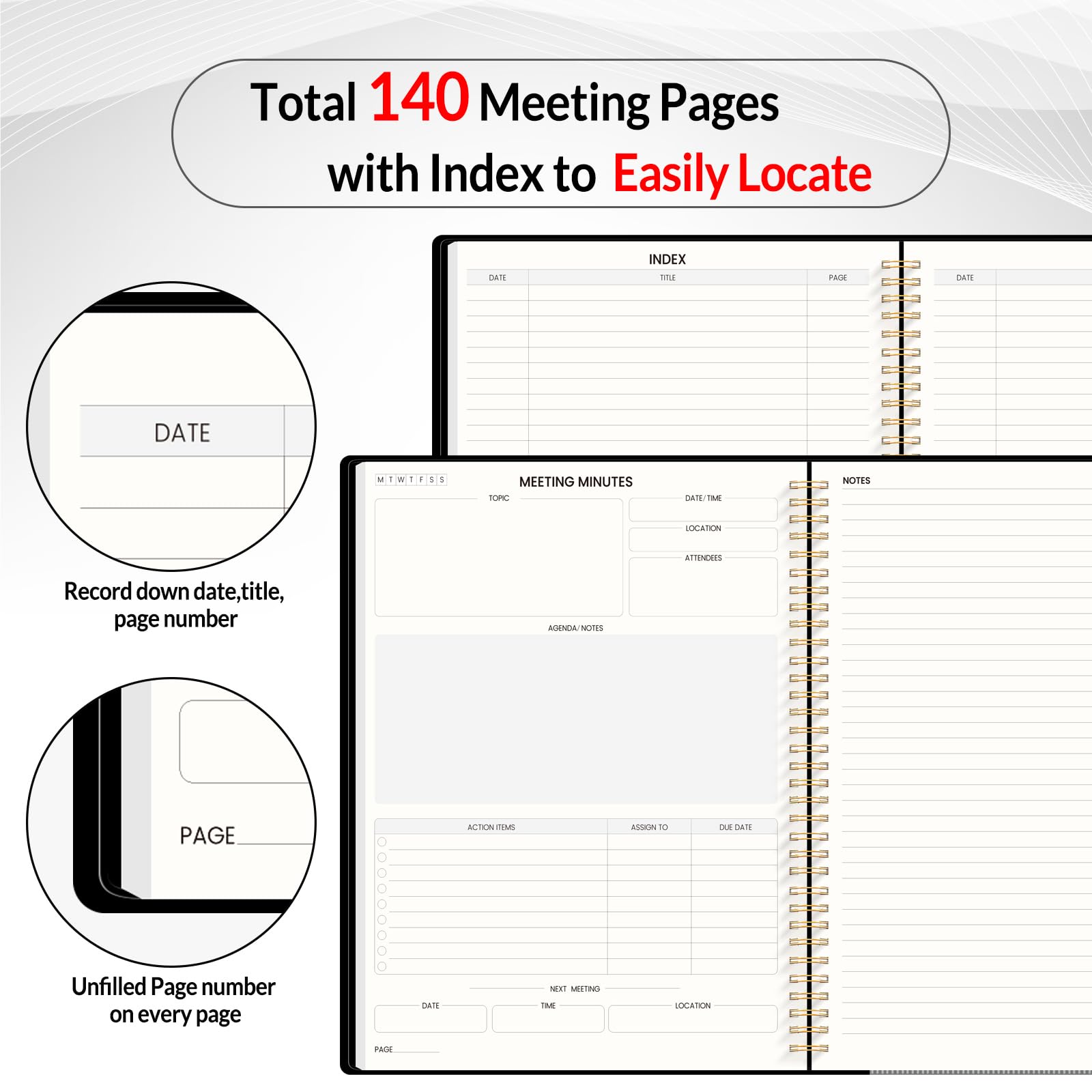 SUNEE Meeting Meeting Mezza Nota 21,6 x 27,9 cm Notebook per Lavoro - 140 pagine, formato A4 Project Planner per donne e uomini, organizer minuti per appunti riunioni, idee per ufficio/lavoro
