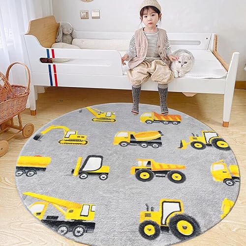Miniatura 3 de Alfombra redonda de construcción para niños, alfombra suave y esponjosa de construcción para sala de juegos, antideslizante, alfombra de guardería