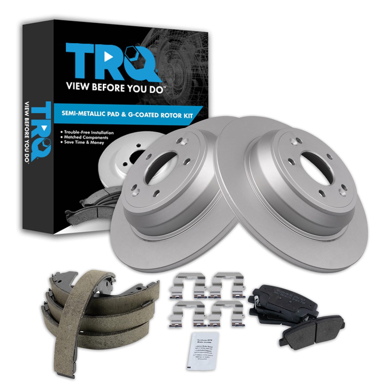 TRQ Rear Brake Pad and Rotor Set Semi Metallic G Coated Rotors Parking Shoe