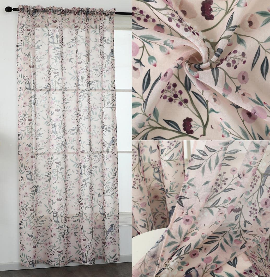 Nets At Home White Exotic Birds Blossom Design Slot Top Blush Voile Panel - 81" (206Cm) Drop