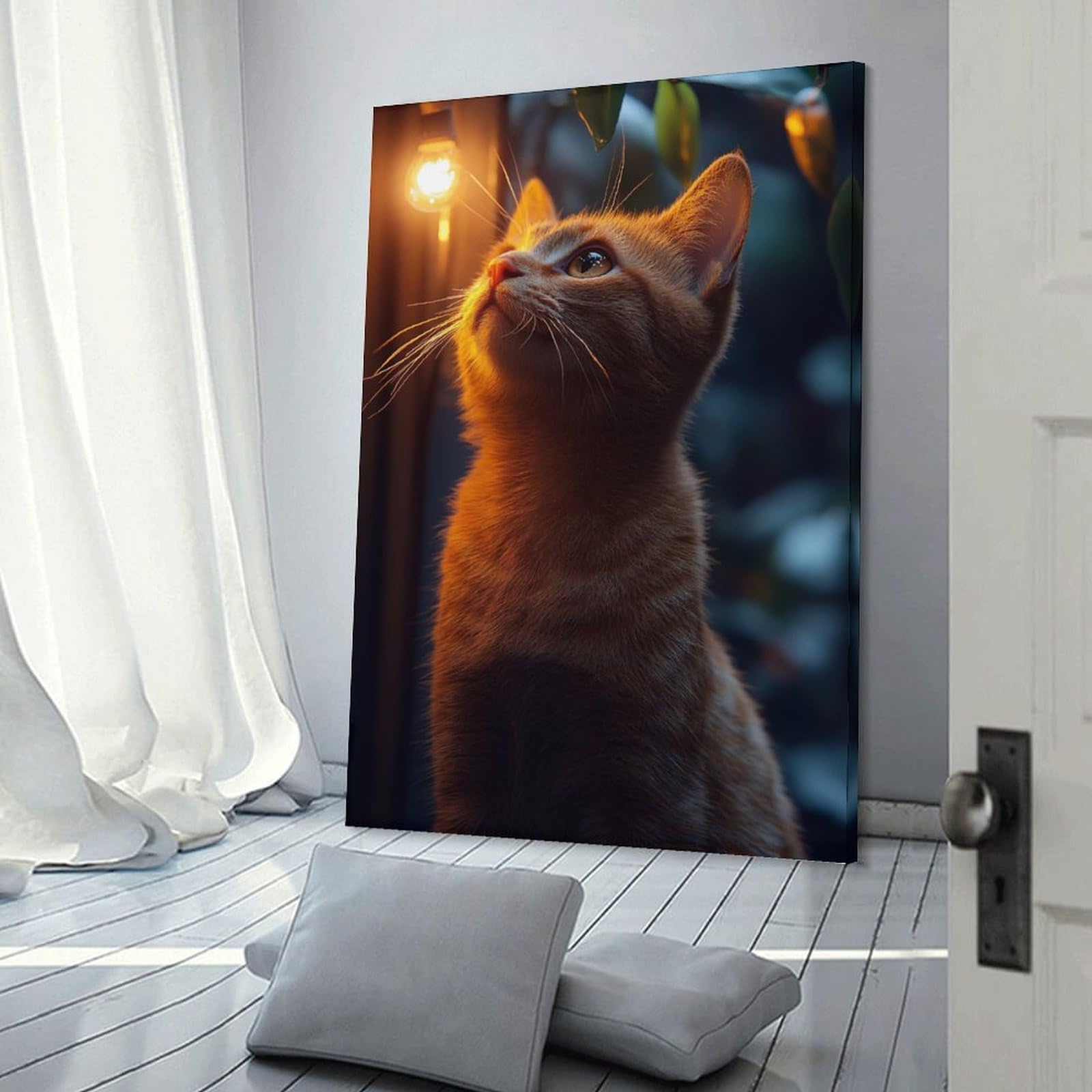 Junmoney Ginger Cat Gazing at Light Wall Art Print, 20x30inch(50x75cm), for Bedroom Decor, Cosy Corners Or Studios, Decorative Wall Art for Cosy Rooms