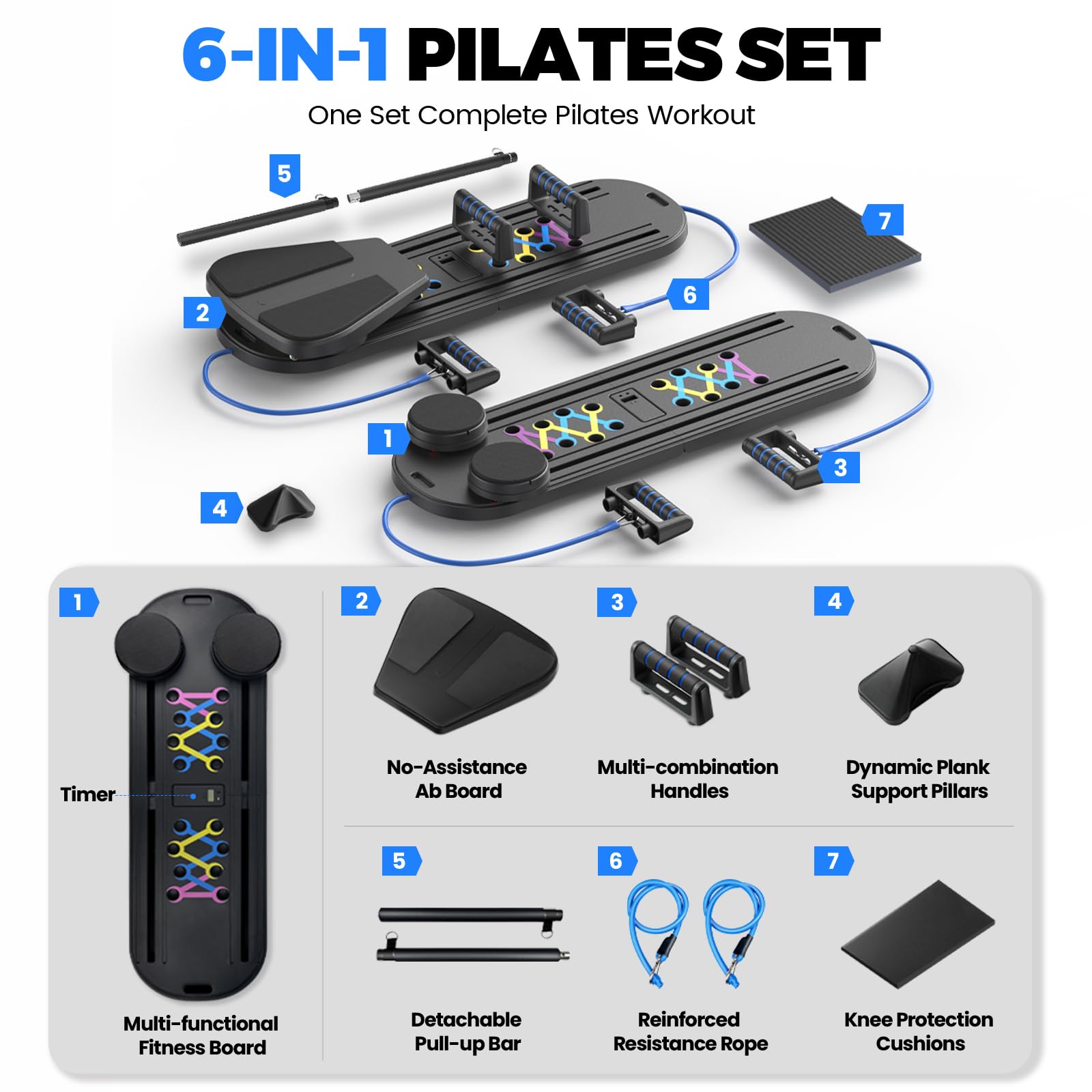 INSMEER Pilates Reformer, tavola pieghevole per pilates a casa con rullo addominale a rimbalzo automatico, tavola multifunzionale per esercizi addominali, corda di tensione, timer, set 6 in 1 per