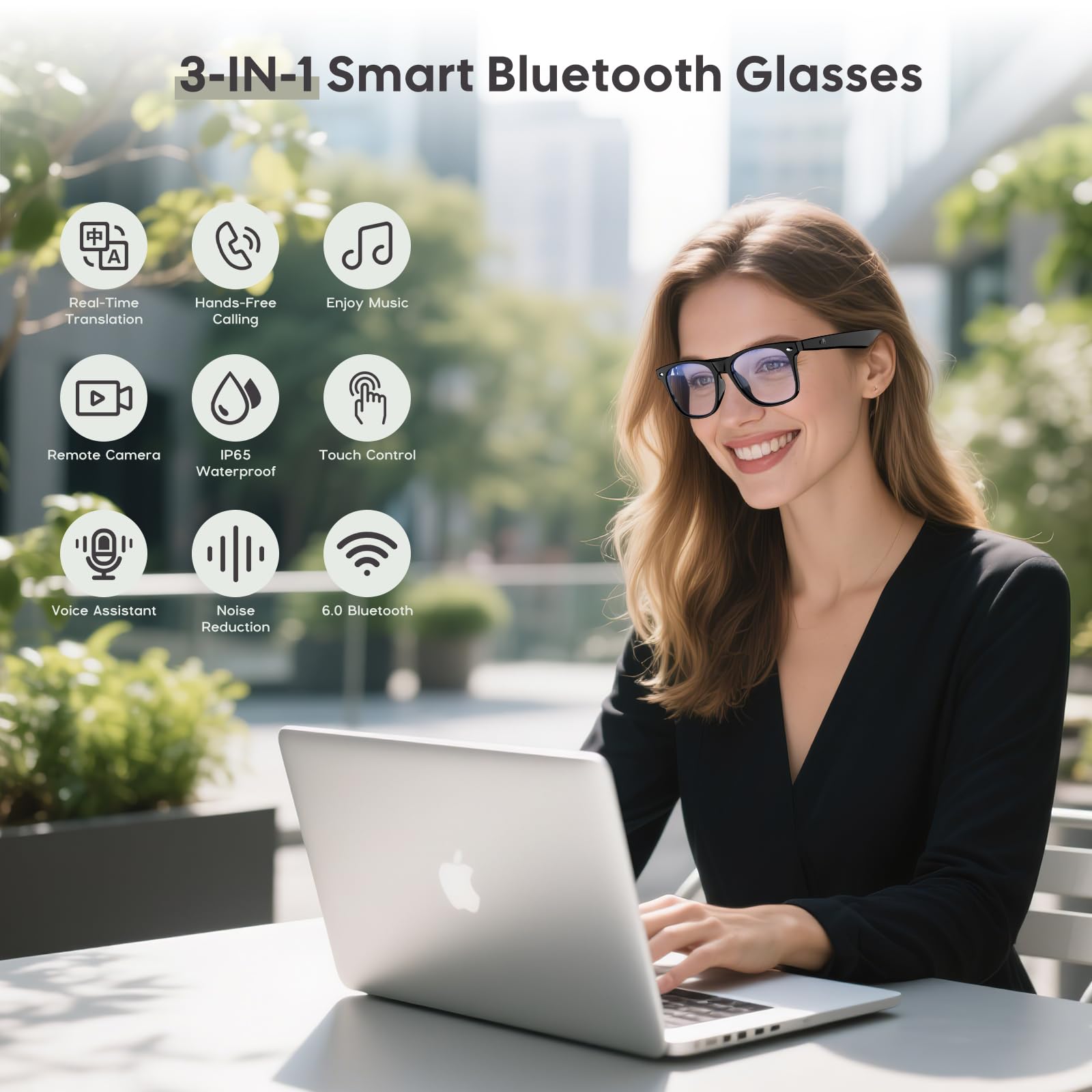 Anpress Smart Glasses with AI Translation for Men Women, 6.0 Bluetooth Music Glasses with Real-Time Translator for 164 Languages, Anti-Blue Light/UV400 Lenses, Open-Ear Clear Sound, Remote Photography