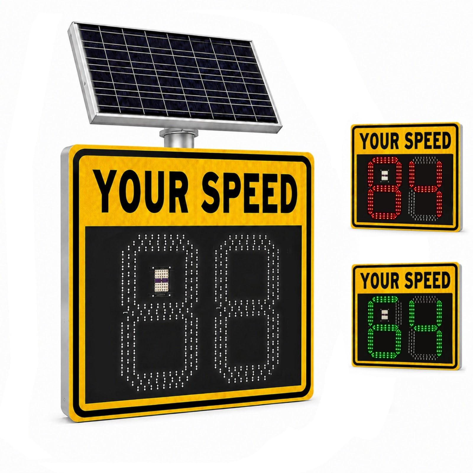 HCAUYNN 24"x24"(24"x27") Solar Radar Speed Sign, LED Roadside Speed Display with 2(3) Digit Speed Display, Weatherproof Aluminum Alloy for Highways & Village Roads yellow-2Digit