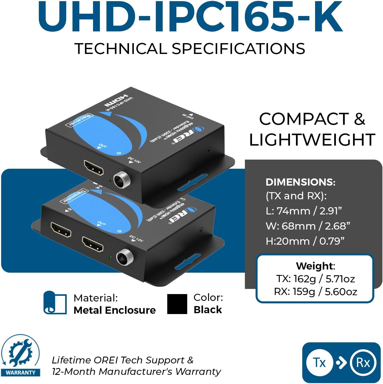 OREI 4K HDMI Extender Balun UltraHD 4K @ 60Hz 4:4:4 Over Single CAT6/7 Cable with HDR & IR Control-Ethernet Up to 165 ft- Power Over Cable (UHD-IPC165-K)
