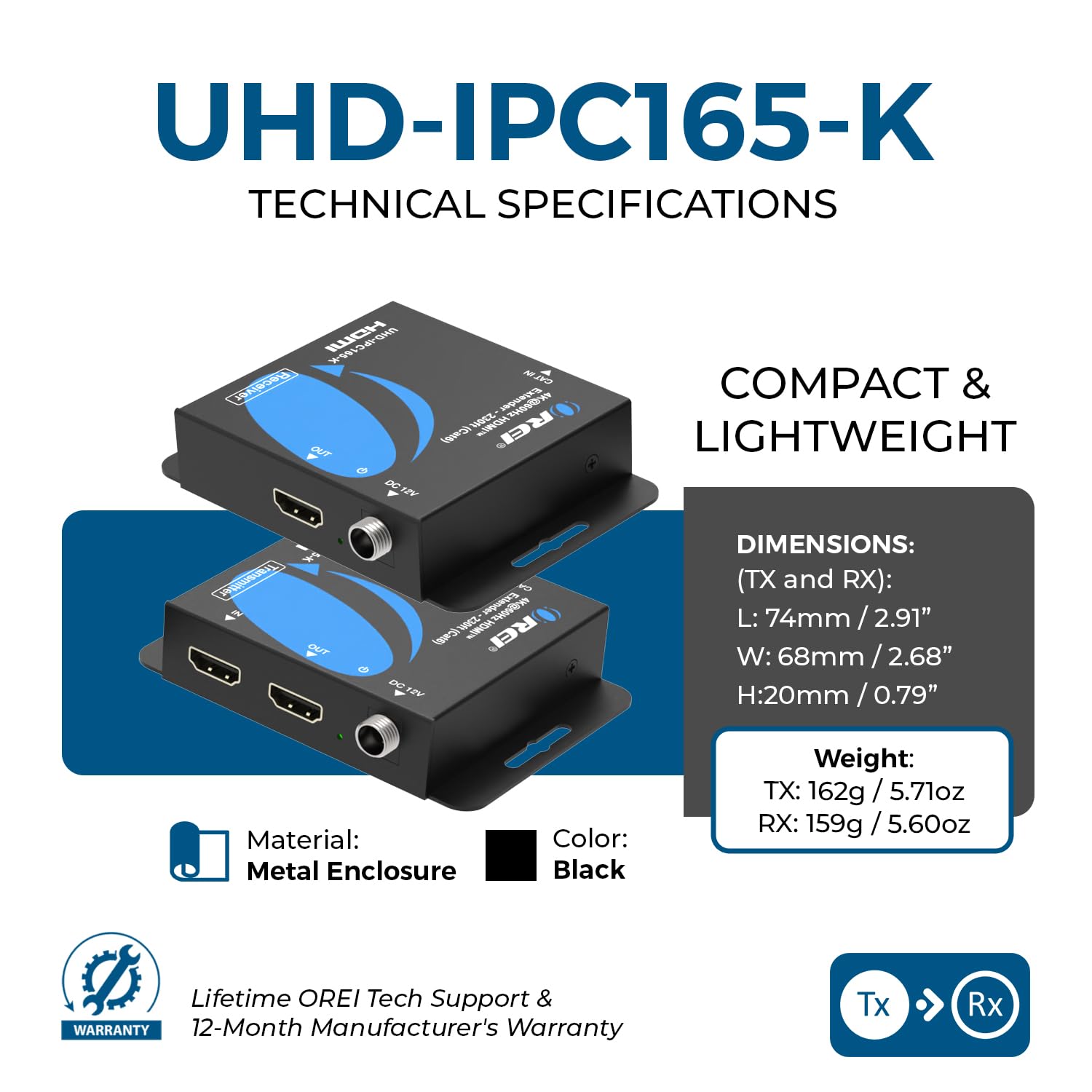 Orei Balun 4K HDMI Extender Balun UltraHD 4K @ 60Hz 4:4:4 su singolo cavo CAT6/7 con HDR & IR Control-cavo Ethernet fino a 50 m - Loop Out (UHD-IPC165-K)