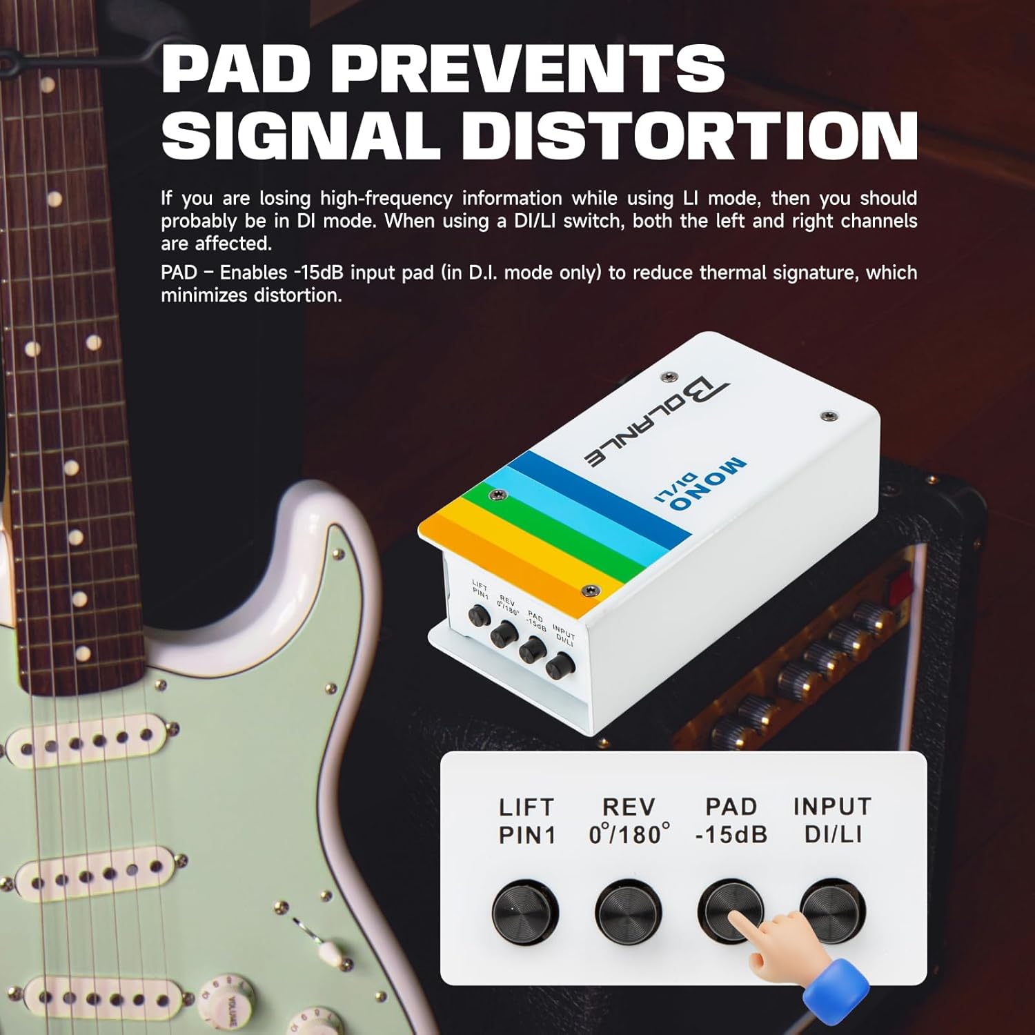 Bolanle Passive DI/LI Box Direct Box Line Isolator, Single Channel for Guitar Bass Keyboard, 1/4 Input XLR Balanced Output, 15dB PAD, GND Lift, THRU Output, SUM/MONO, Phase Reverse for Studio Stage