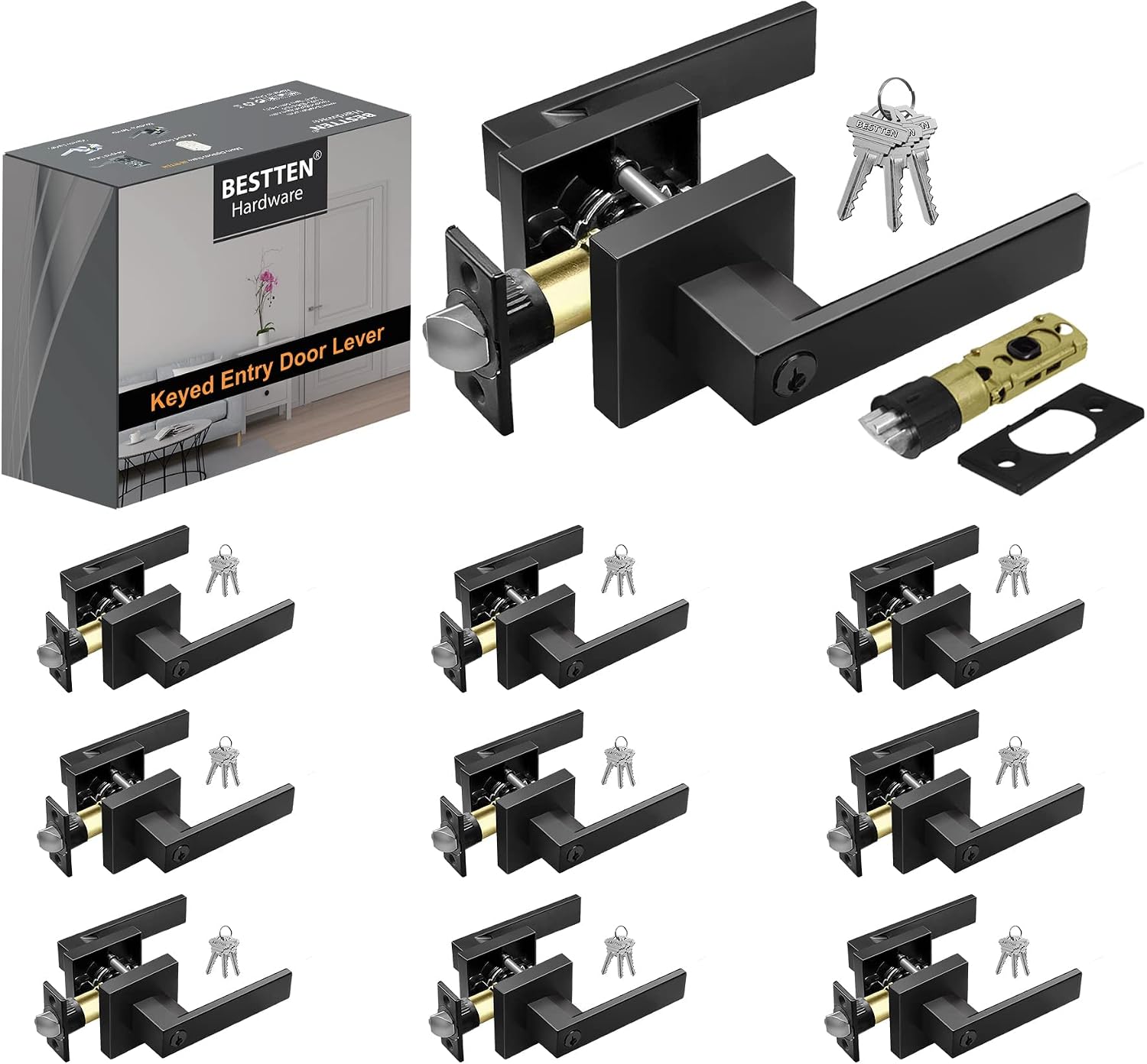 BESTTEN [10 Pack] Monaco Matte Black Square Entry Door Lever with Key, All Metal Heavy Duty Entrance Door Handle with Removable Latch Plate, for Commercial and Residential Use
