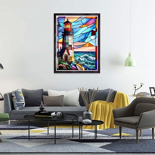 Miniatura 3 de DIYDECORFUN Kits de pintura de diamantes de faro de vidrieras para adultos, kits de arte de diamantes 5D para principiantes, pintura de puntos de