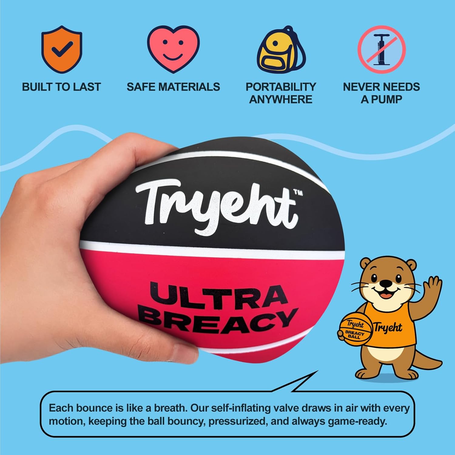 Mini Basketball, 5-Inch Self-Inflating Rubber Breacy Ball – No Pump Needed, High-Bounce for Indoor Mini Hoop & Outdoor Play, (Black and Red)