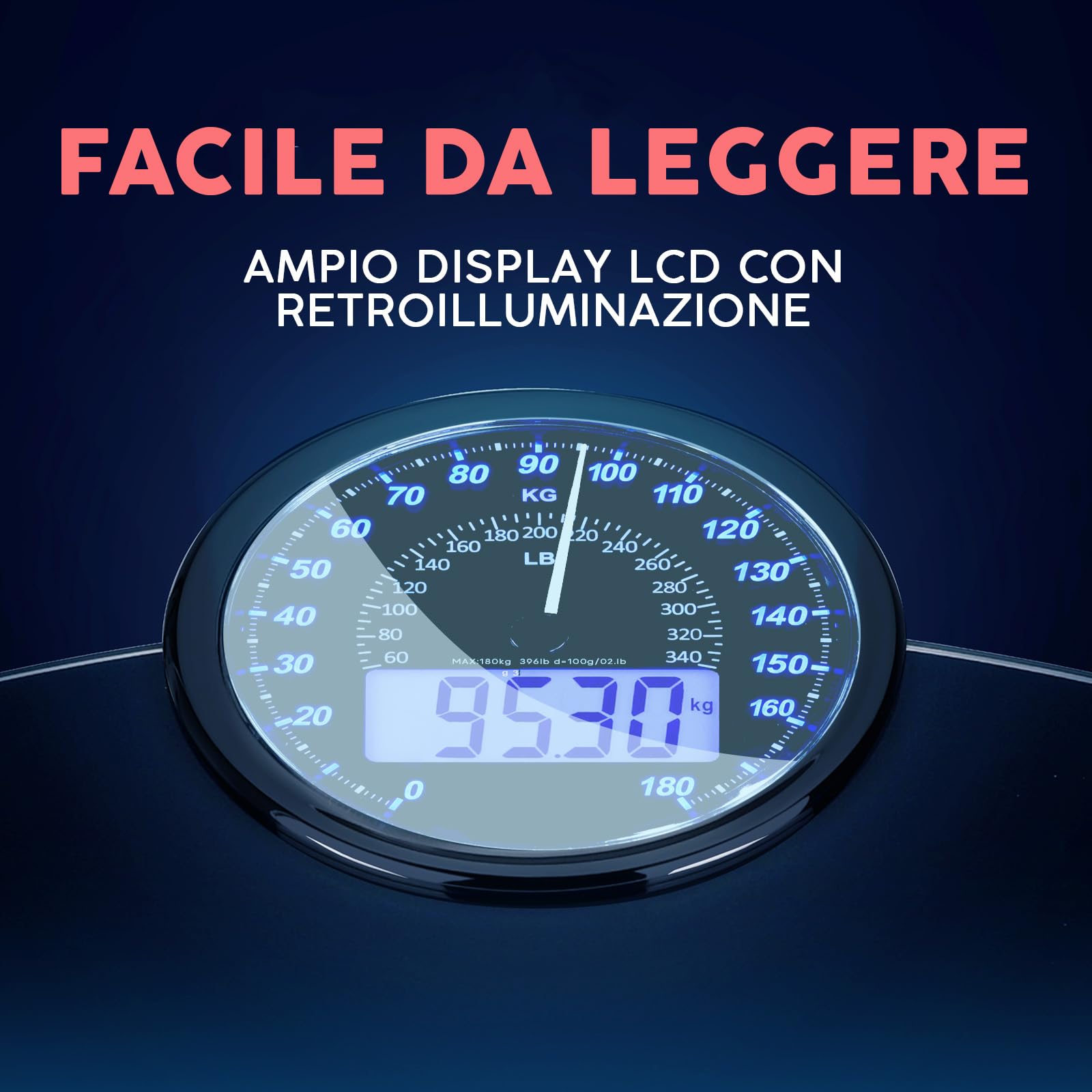 Adamson Hybrid Bilancia Pesapersone Digitale - 2-in-1 Analogica & Digitale fino a 180 kg, Display LCD Retroilluminato, Piattaforma in Vetro Temperato, 3 Batterie AAA Incluse