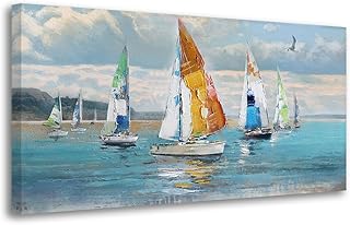 Ardemy Sailboat Wall Art Blue Abstract Canvas Art Nautical Textured Artw...