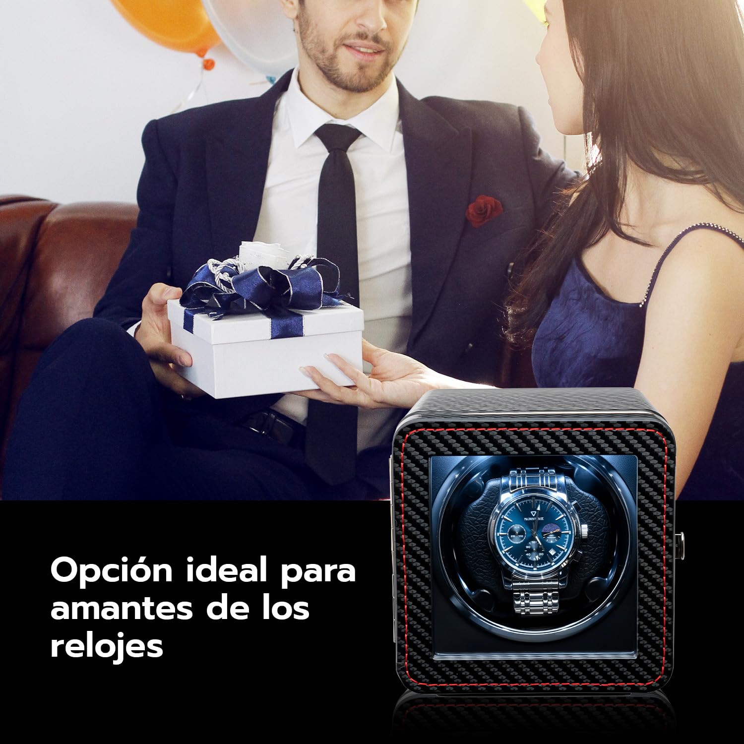 Mcbazel Enrollador de Relojes Automático con Luz LED – Watch Winder Caja Giratoria para un Solo Reloj, Motor Silencioso, 4 Modos de Rotación, Caja de Reloj en Piel PU - Fibra de Carbono