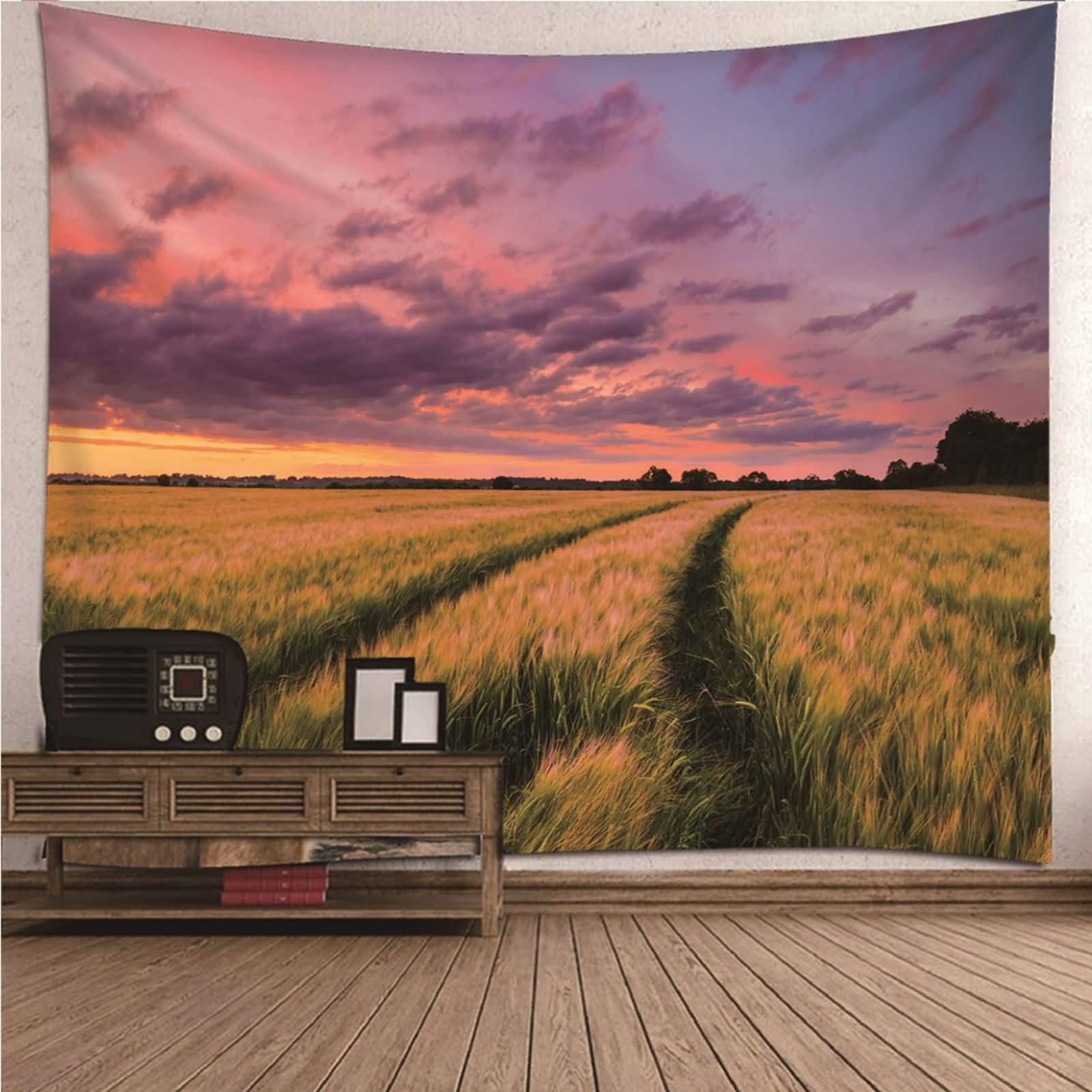 Tapices de Tela Poliéster Tapiz Piscina Césped y Cielo Verde Púrpura Tapiz de Pared 200x200CM