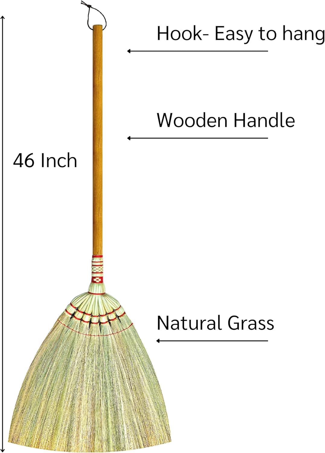 Asian Broom 46 inch - Straw Soft Sweep - Long Handle for Cleaning, Decoration, Wedding-Natural Whisk for House, Garage, Office,Kitchen - Indoor Grass Broom