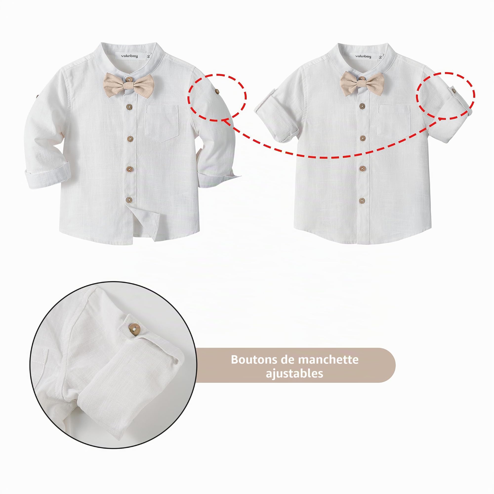 Volunboy Ensemble Costume Bébé Garçon, Coton Lin Cérémonie Formel Mariage 4 Pièces Noeud Papillon Chemise + Pantalon Bretelle