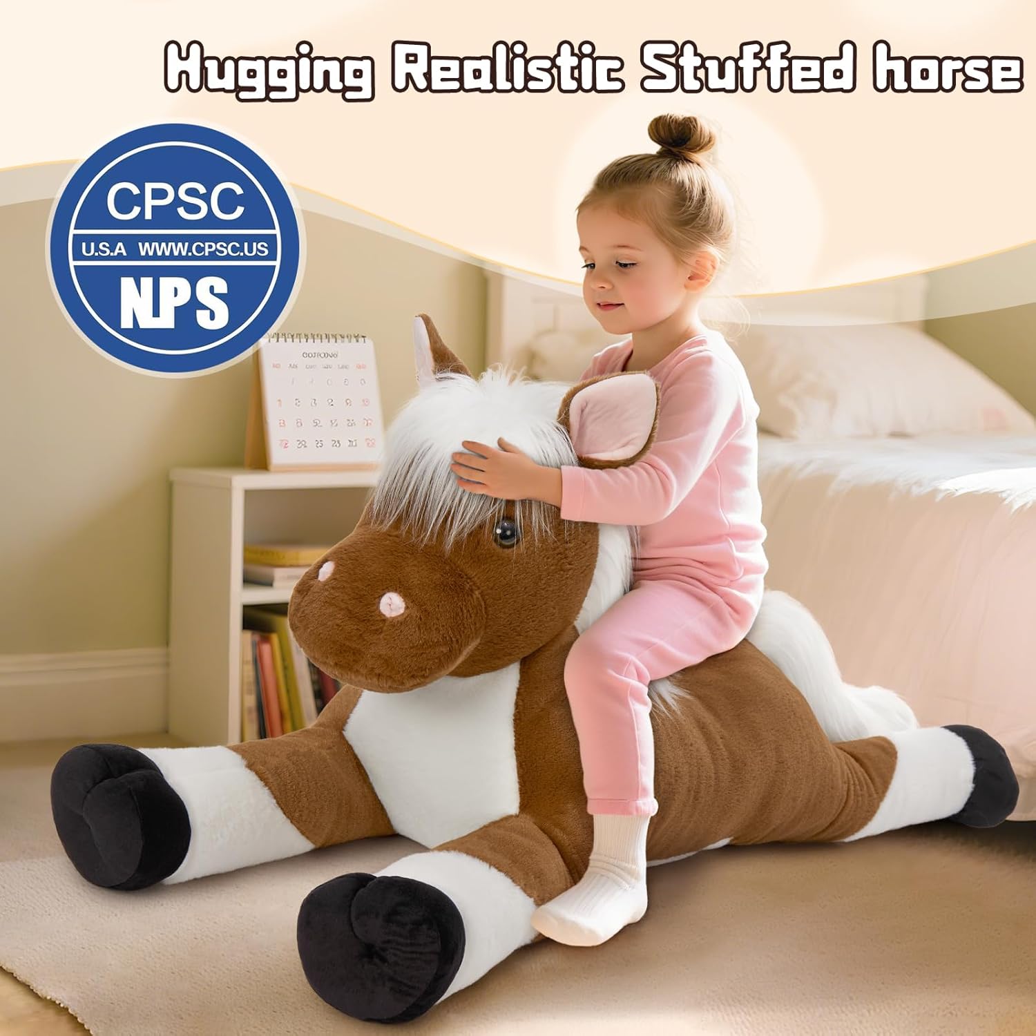 Tezituor 43.3 Inch Giant Horse Stuffed Animals with Long Hair, Realistic Stuffed Horse Plush Toys for Riding, Hugging Brown Horse Plush Pillow for Boys Girls Christmas Birthday Decoration