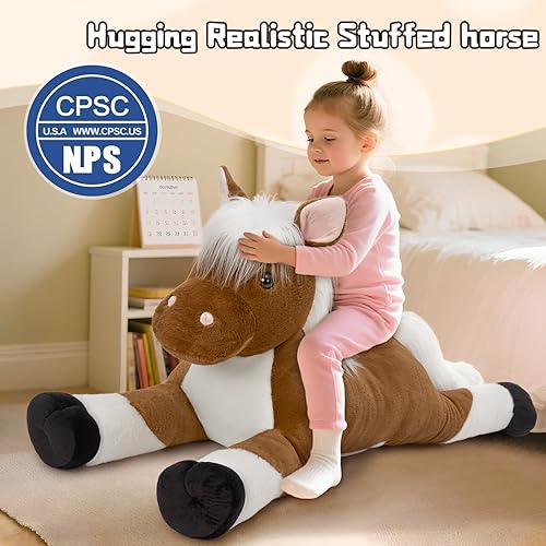 Miniatura 7 de Tezituor Animales de peluche de caballo gigante de 43.3 pulgadas con pelo largo, juguetes de caballo de peluche realistas para montar, almohada de