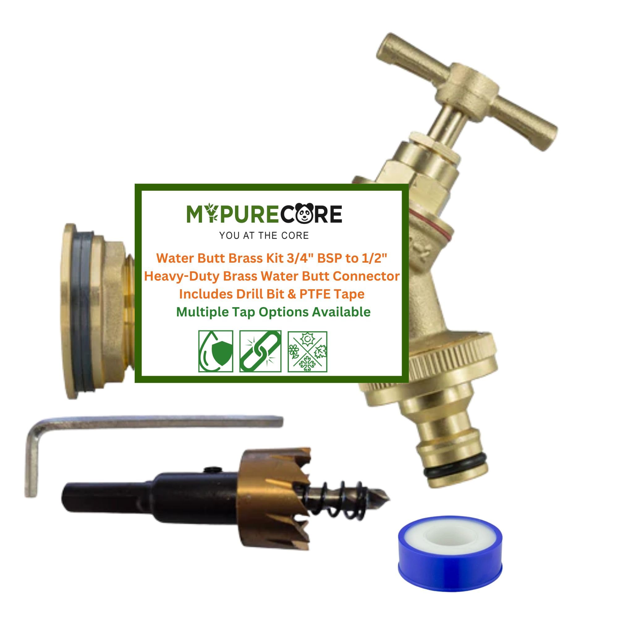 MYPURECORE Water Butt Brass Kit 3/4" BSP to 1/2" – Heavy-Duty Brass Tank Connector with Tap Options & Drill Bit for Rainwater Harvesting & IBC Containers ((Quick Connect Outlet))