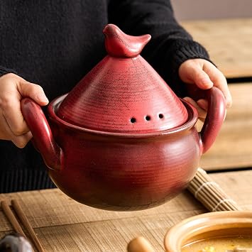Unglazed Clay Pot for Cooking & Serving With Bird Knob Lid, Heat Resistant Stock Pot for Gas Stove, Soup Pot for Slow Cooking, Soup, and Casseroles, Red