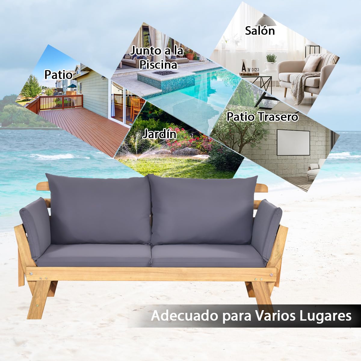 COSTWAY 3 en 1 Banco Jardin 2 Plazas, Madera Acacia, Sofa Cama de Jardín, Reposabrazos Abatibles, 2 Almohadas Lavables, Sofa Tumbona Terraza Exterior Interior, 198/175x75x75cm, Máx 320 kg (Gris)