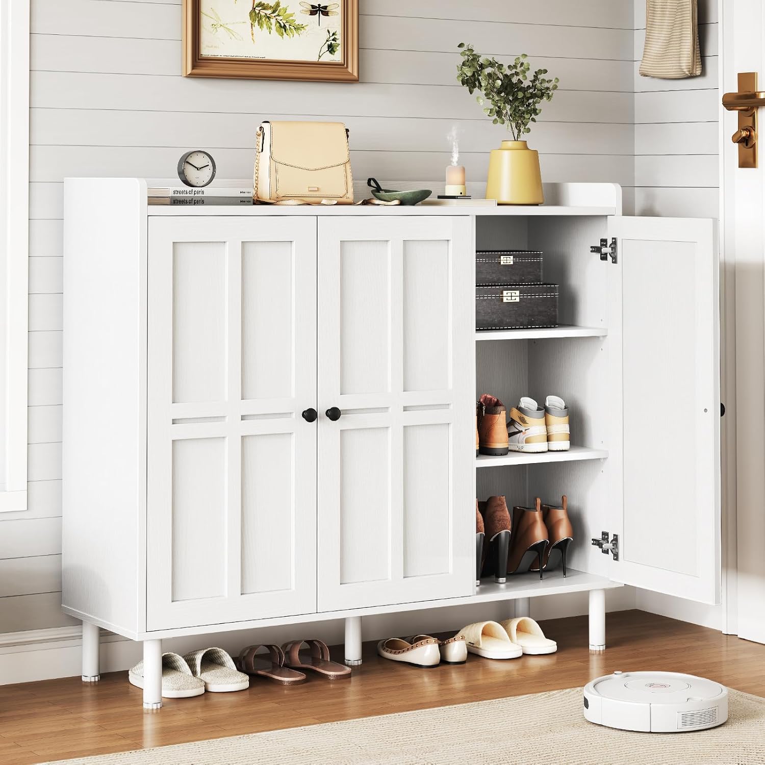 ONBRILL Shoe Cabinet with 3 Doors and Adjustable Shelves, 30 Pairs Shoe Storage Cabinet, 40 Inch Tall Farmhouse Shoe Rack Shoe Organizer Cabinet for Entryway Living Room Closet, White