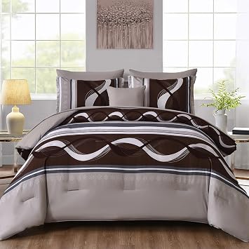 Anibedding Striped Comforter Set Full Size,8 Pieces Bed in a Bag Beige and Brown Patchwork Bedding Sets,Boho Soft Microfiber Bedding Set for All Season(7890)
