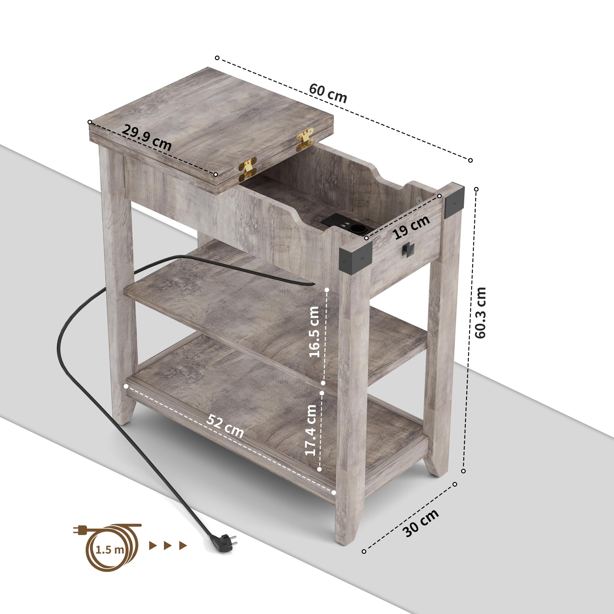 BonVache Set di 2 comodini, tavolino piccolo con funzione di ricarica, tavolino sottile con ripiano, cassetti, comodino per soggiorno, camera da letto, grigio