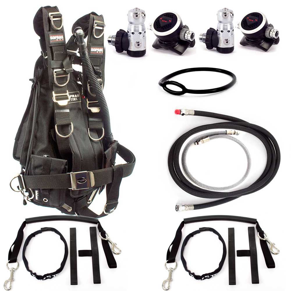 SOPRAS TEK Technical Dive SIDEMOUNT Package - Side Mount BCD Two Regulators Set Swivel Two Stage Bottle Rigging {82in - 210cm} Black Braided LP Flex Hose { 28in - 72cm} Gray Braided LP Flex Hose