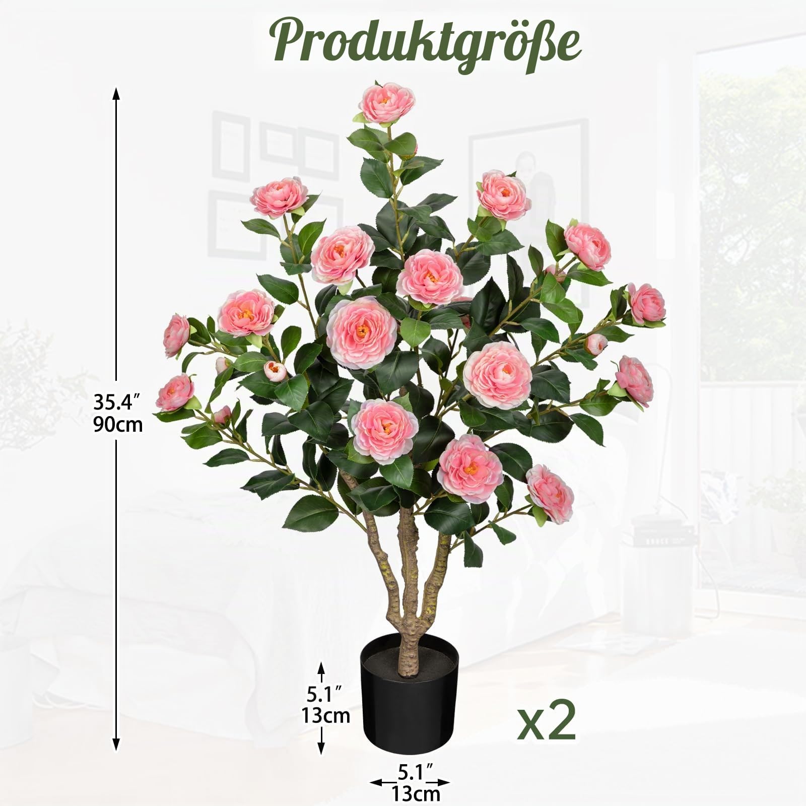 2 STK. Kunstbaum mit Blüten 90cm Baum Künstlich Kamelienbaum Groß | Kunstpflanzen Rosa Blüten Kunstblumen im Topf Künstliche Pflanzen wie Echt im Topf Dekobaum für Indoor Flur Wohnzimmer Deko