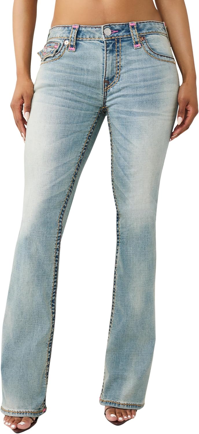 True Religion Women’s Becca Super T Bootcut Jeans – Mid Rise Denim with Red Super T Stitching & Horseshoe Flap Pockets