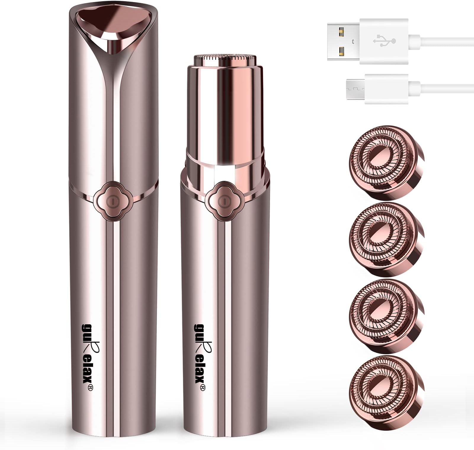 Facial Hair Remover for Women, USB Rechargeable Painless Hair Removal Waterproof Shaver Razor with LED Light for Peach Fuzz Fine Hair Chin Cheek Upper Lip (Rose Gold+ 4 Replacement Heads)