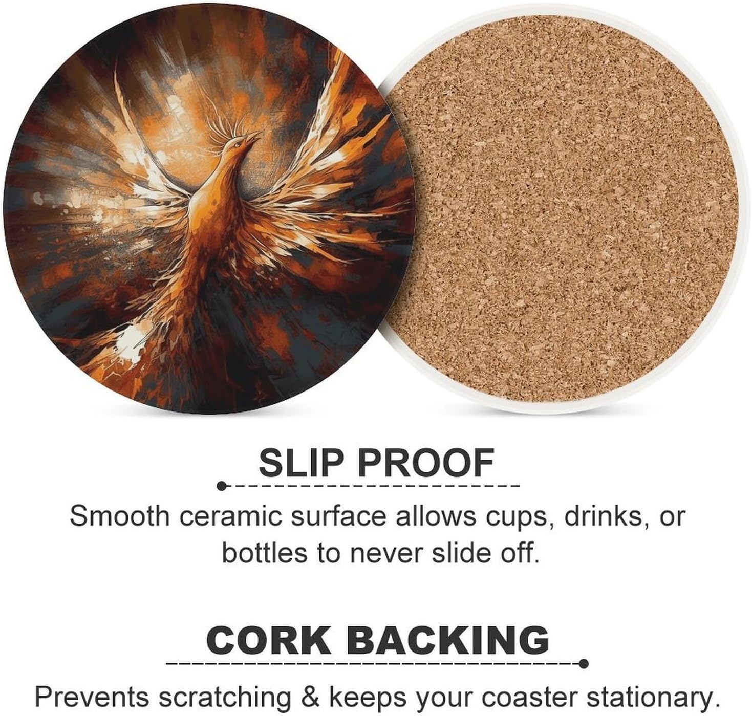 6PCS Abstract Phoenix Coasters Non-Slip Round Drink Coasters with Ceramic Stone and Cork Base, Heat Resistant Absorbent 33.00Stone Coaster Set for Kinds of Mugs and Cups, 4 Inch