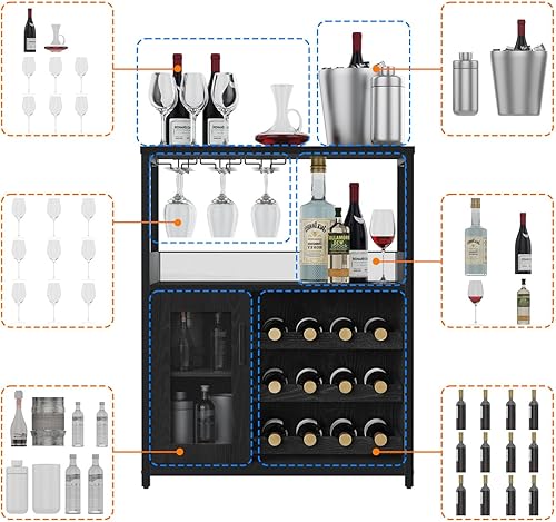 Miniatura 5 de IDEALHOUSE Armario de bar de vinos de 3 niveles con estante y cajón desmontable para vinos, aparador industrial y gabinete de buffet con soporte de
